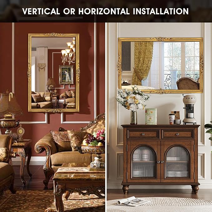 Antiqued Gold Wall Mirror with Beaded Frame – 24 * 36in Traditional & Flourish Baroque Ornate Rectangle Mirror for Over Fireplace/Entryway Vanity, Living Room or Event – Home Décor