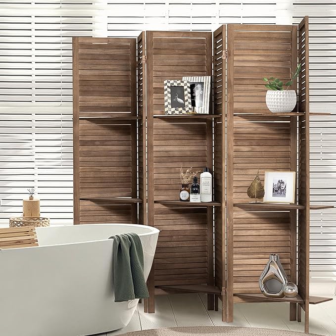 6 Panel Room Divider 5.6FT Louvered Design Room Dividers with Display Shelves Folding Privacy Screens Portable Freestanding Partition Wall Dividers for Bedroom & Office, Dark Brown