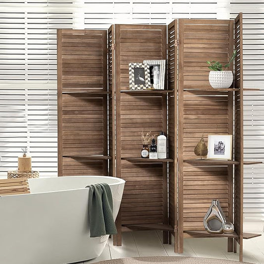 6 Panel Room Divider 5.6FT Louvered Design Room Dividers with Display Shelves Folding Privacy Screens Portable Freestanding Partition Wall Dividers for Bedroom & Office, Dark Brown