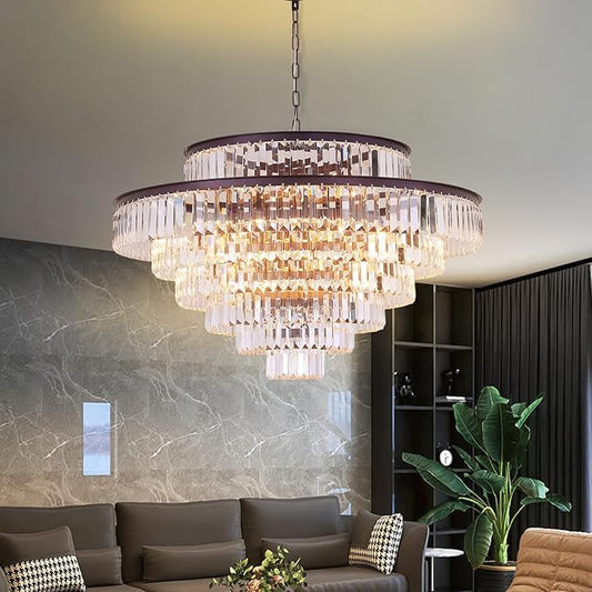 39" Large Modern Oil Brown Crystal Chandelier, 7-Tier Luxury Ceiling Light with Clear Crystal Prisms, Oversized Round Pendant Lighting for Dining Room Dining Room Living Room Foyer