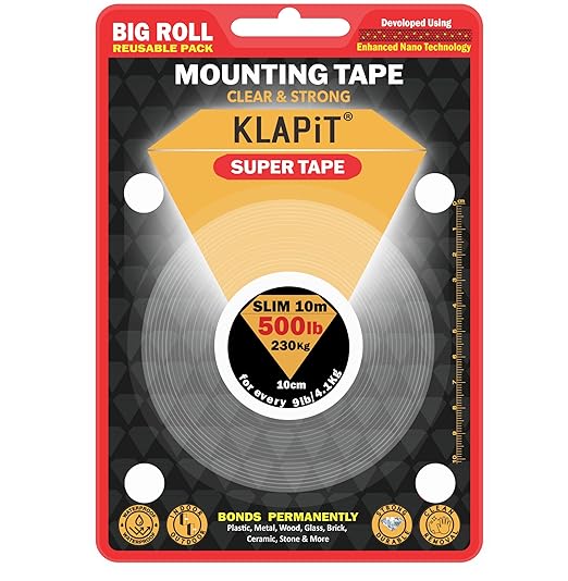 KLAPiT Super Tape Double Sided Heavy Duty Mounting with Enhanced NanoTechnology Holds upto 350lbs/1.27lb per Inch for Home, office, kitchen bathroom works on Walls, Wood, Metal, Glass, Ceramic [23 Ft]