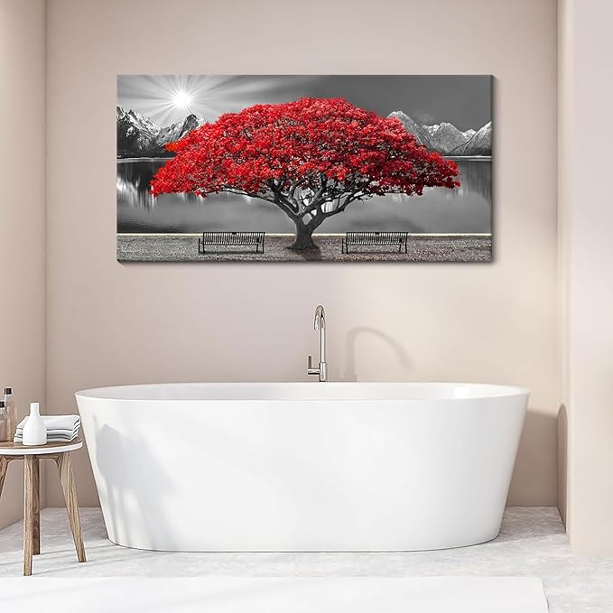 Mofutinpo Black and White Red Tree Wall Art Canvas Print Picture Large Red Tree Landscape Modern Artwork for Living Room Bedroom Office Home Wall Decor With Frame 24X48inch