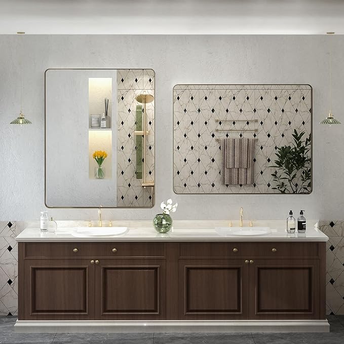 40x30 Bronze Brushed Bathroom Mirror for Wall, Brushed Metal Framed Bathroom Vanity Mirror, Modern Rectangle Mirror, Rounded Corner, Shatterproof, Anti-Rust (Horizontal/Vertical)