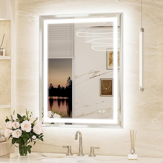 Keonjinn 28 x 36 Inch Brushed Nickel LED Bathroom Mirror with Frontlit & Backlit, Lighted Mirrors for Bathroom Wall, Tempered Glass, Metal Framed Beveled Edge, 3000K/4500K/6000K, Defogging, Dimmable