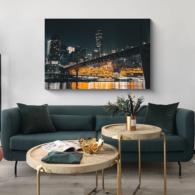 NAN Wind 1PCS Chongqing City Nightscape Canvas Wall Art Illuminated Chinese Skyline with Bridge Skyscrapers Modern Urban Landscape Photography Print for Living Room Office Bedroom Decor