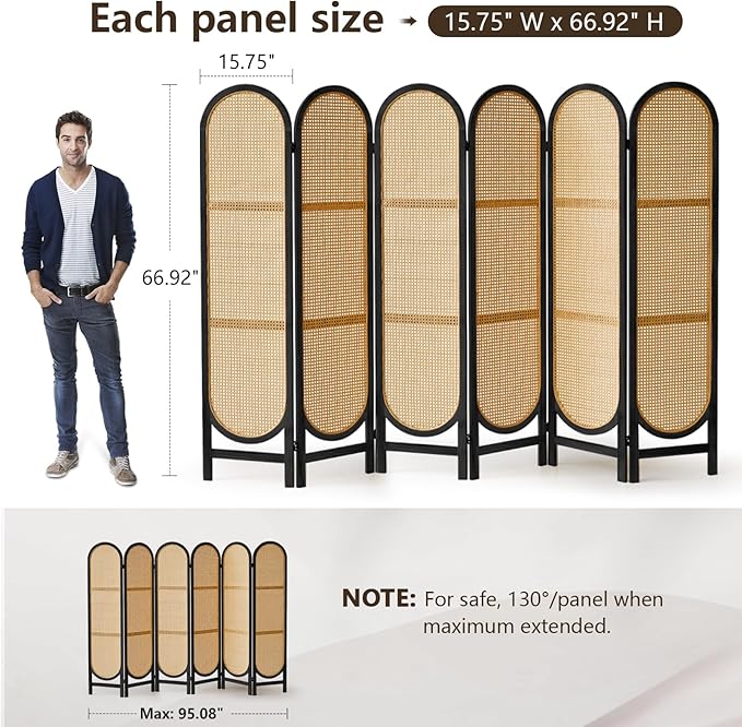 6 Panels Room Dividers and Hand-Woven Rattan Room Divider Wall, Wood Room Divider Folding Privacy Screens for Home Office Bedroom, Black