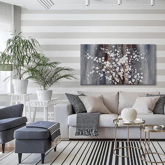 AJAZIKO Wall Art for Living Room Large Modern Wall Decor Canvas Paintings for Wall Decorations White Flower Brown Bedroom Office Artwork Plum Blossom Art Prints Framed