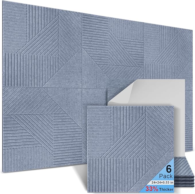 6 Pack Acoustic Wall Panels Self-Adhesive, 23.6" X 23.6" X 0.5" Decorative Acoustic Panels, Soundproof Wall Panels for Studio, Home & Living Room, Polyester - Grille Light Cement Gray