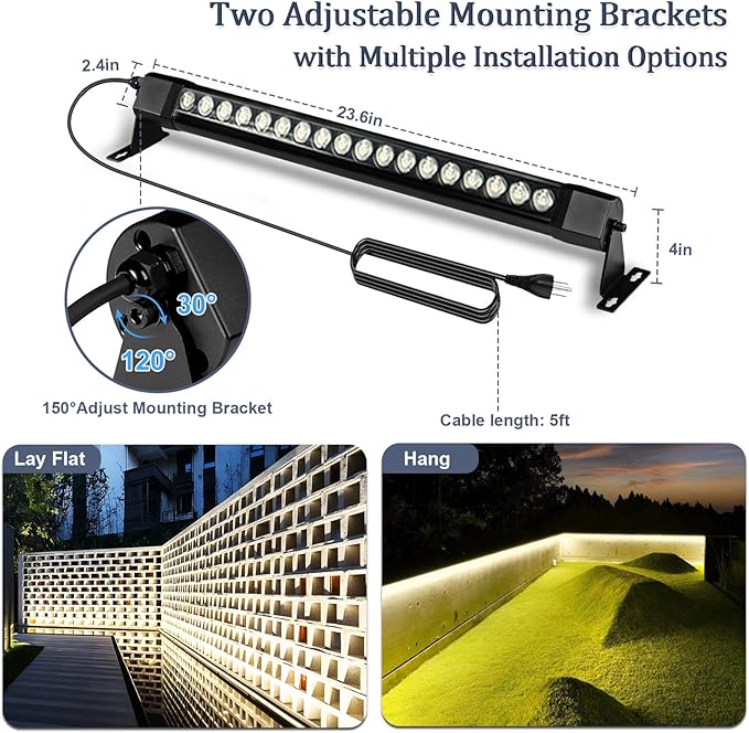 36W LED Wall Washer Light, 2FT 4000K Neutral White Outdoor Wall Washer Light Bar, 120V IP67 Waterproof LED Light Bar for Outdoor, Plug in (2 Pack)