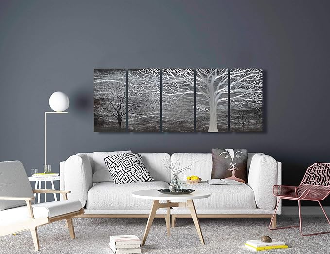 BATRENDY ARTS Black and Silver Tree Metal Art Hand-polished Wall Decor 3D Modern Home Accent for Bedroom Decoration 5 Panels Hanging Scuplture
