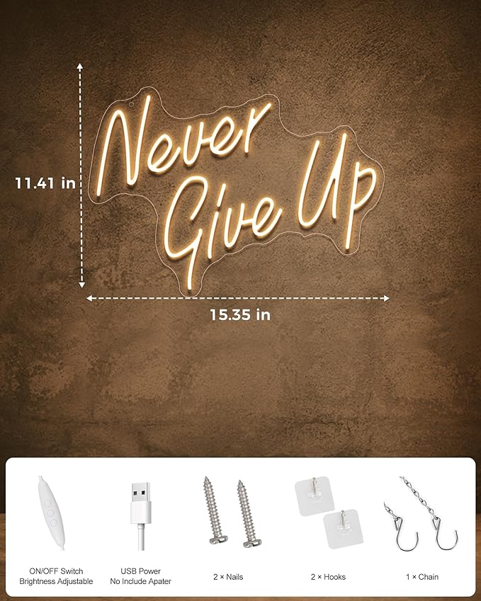 NEVER GIVE UPLED Neon Sign for Wall Decor,Neon Lights Party Decorations, USB Powered Switch Neon Lights lighting adjustable for Office Room, Gym Room, Man Cave, Gamer Room