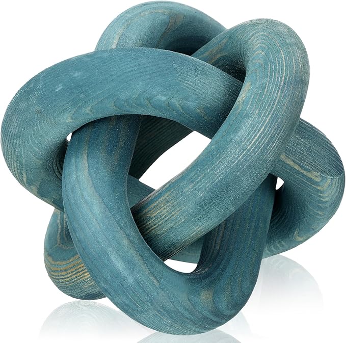 3 Link Wood Knot Decor - Hand Carved Coffee Table Decoration, Boho Chain Link Decor, Modern Shelf, Rustic Objects for Home Living Room Bedroom(Blue)