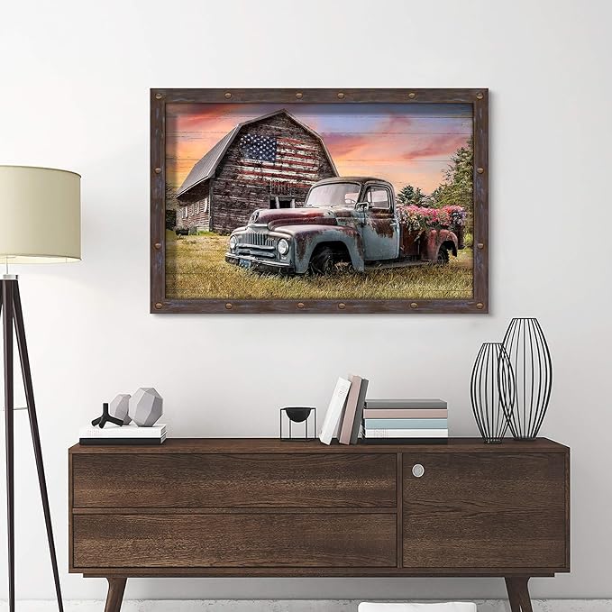 Country Barn Wooden Wall Art: Large Rural Old Car Landscape Framed Artwork Farmhouse Blue Truck Picture Large Rustic Countryside Scenery Office Painting Print for Living Room Bedroom