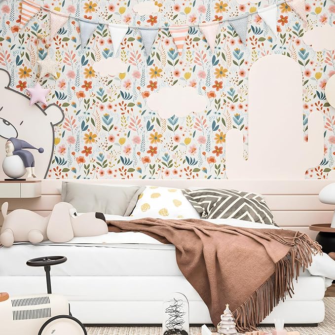 Colorful Floral Peel and Stick Wallpaper Leaf Vintage Contact Paper Cute White Floral Wall Paper Removable Wallpaper Self Adhesive for Cabinet Drawers Wall Decor 17.5''x393''