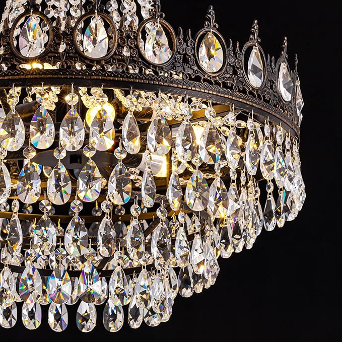 7PM Large Crystal Chandeliers, Vintage French Empire Chandelier, Antique Bronze Crystal Pendant Light, Rustic Farmhouse Ceiling Light for Dining Room Bedroom Living Room Kitchen Foyer, W 24"