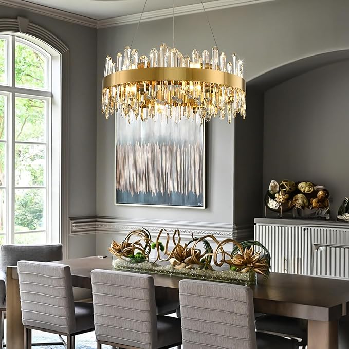 Modern Crystal Chandelier, 24in K9 Crystal Chandeliers for Dining Room, 12 Lights 2 Tier Dimmable Round Gold Chandelier, Adjustable Modern Chandeliers for Living Room, Bedroom, Bathroom, Kitchen Foyer