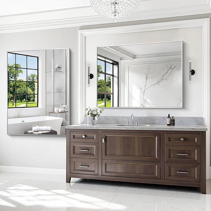 BONEWEI Silver Bathroom Mirror,36x48 inch Wall Mirror for Bathroom Wall Mounted,Large Rectangle Mirror for Bathroom Over Sink,Modern Metal Frame for Living Room,Bedroom Entryway,Horizontal/Vertical