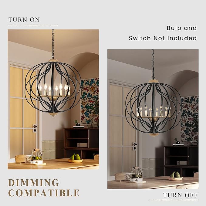 Black and Gold Chandeliers for Dining Room,25.6" Large Sphere Chandelier,8-Light Geometric Modern Farmhouse Pendant Light Orb Metal Industrial Chandelier for Foyer Entryway Stairway Living Room