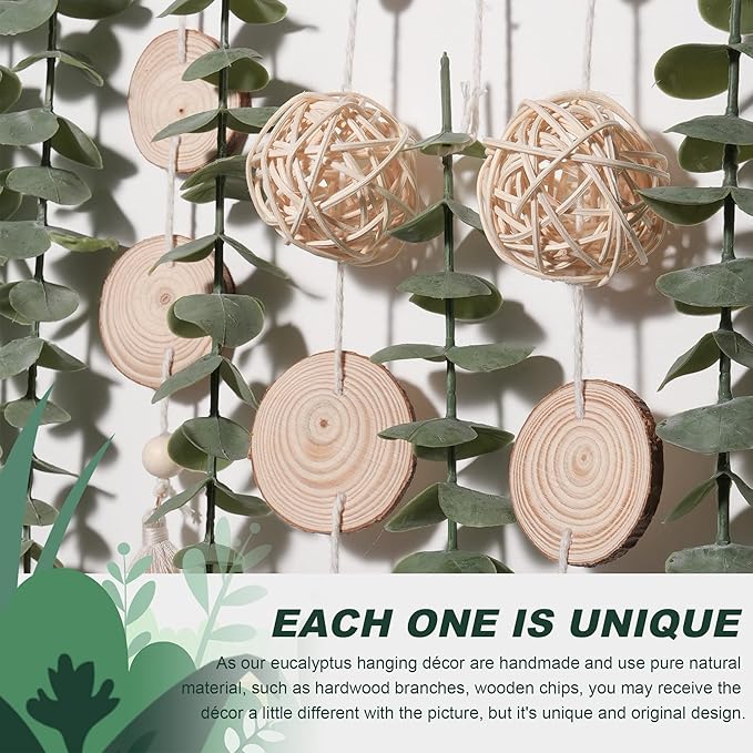 Boho Bathroom Decor Artificial Eucalyptus Hanging Wall Decor Fake Greenery Leaves Plants Wicker Ball on 16.5 inch Stick Rustic Farmhouse Natural Bedroom Kitchen Nursery Office Decorations