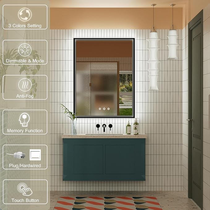 24x32 Inch LED Bathroom Mirror with Front & Back Lights, Adjustable 3000K/4500K/6000K, Wall Mounted Black Lighted Bathroom Vanity Mirrors, Dimmable, Memory, Anti-Fog, Horizontal/Vertical