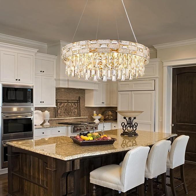 Modern Crystal Chandelier,8-Light Gold Chandelier Light Fixture Luxury K9 Crystal Oval Pendant Ceiling Light Fixture for Dining Living Room Kitchen Island Bar (D22.8Inch)