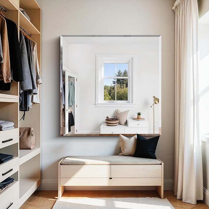 KOCUUY Beveled Mirror, 42x42 Inch Large Frameless Square Bathroom Mirror for Over Sink, Upgraded Shatterproof Beveled Unframed Design Mirror for Bathroom, Bedroom, Hang Horizontal/Vertical