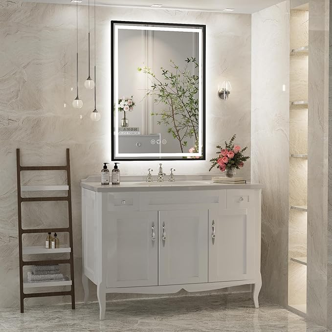 24x36 Inch LED Bathroom Mirror with Lights,Front and Backlit Black Metal Frame Mirror,Wall Mounted Lighted Vanity Mirrors,Double Lights Strips,Anti Fog Stepless Dimmable