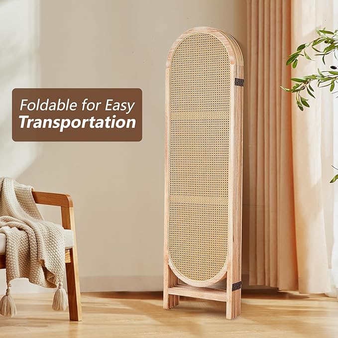 6 Panels Wood Room Divider and Folding Privacy Screens, Hand-Woven Rattan Room Dividers Panel, Room Divider Wall Freestanding Room Partitions Screen for Home Office Bedroom, Light Brown