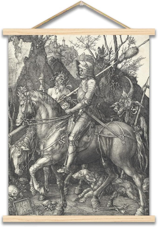 Albrecht DüRer Canvas Wall Art Knight Death And Devil Poster - Vintage Classical Painting Renaissance Fine Art Print Wood Frame Hanging Poster for Bedroom Living Room Office Wall Decor