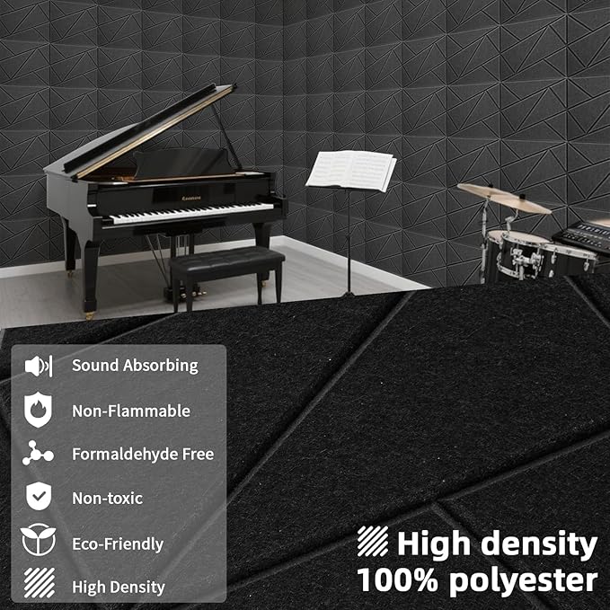 Art3dwallpanels 12 Pack Acoustic Panels 12" X 12" Self Adhesive Soundproof Wall Panels Sound Dampening, 3D Wall Decor Peel and Stick Absorbing Panels, Black