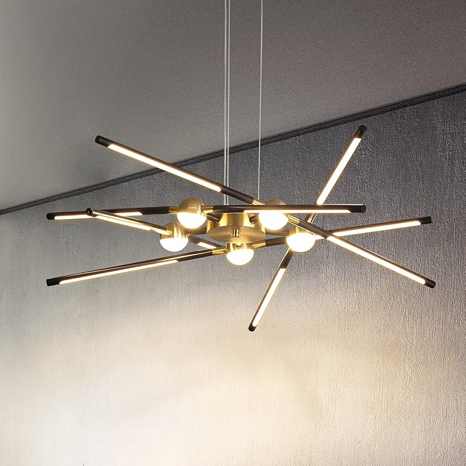 Modern Black chandelier,Sputnik Chandelier 10-Lights Dimmable Pluggable Hanging Ceiling Light Embedded Installation Fixture, Gold LED Pendant Light for Kitchen Island,Living Room Decoration