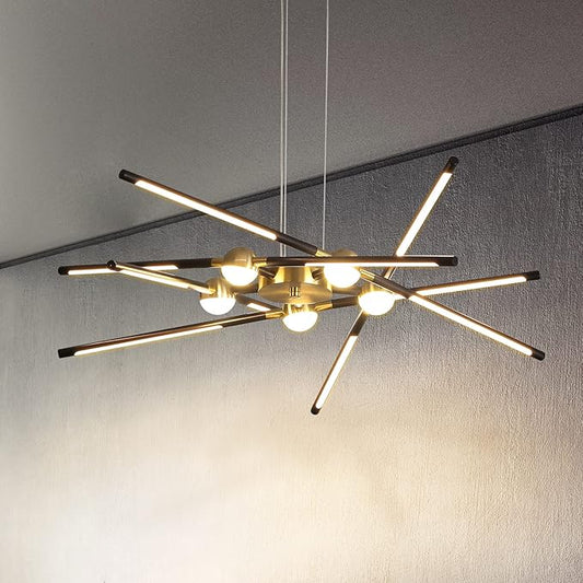 Modern Black chandelier,Sputnik Chandelier 10-Lights Dimmable Pluggable Hanging Ceiling Light Embedded Installation Fixture, Gold LED Pendant Light for Kitchen Island,Living Room Decoration