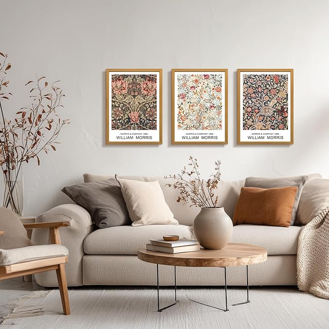 LLEEMPI William Morris Wall Art Set of 3, Vintage Botanical Wall Decor, Rustic Farmhouse Canvas Painting, Classic Minimalist Poster Prints for Bedroom Bathroom Office Wood Framed 12x16 Inch