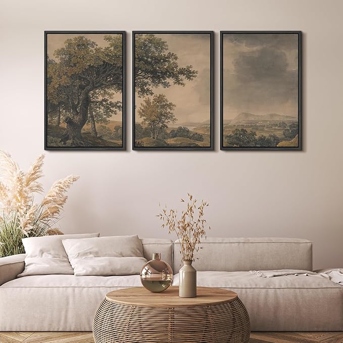MUDECOR Framed Wall Art Print Set Vintage Landscape Rustic Tree and Mountain View Illustrations Decorative Colorful for Living Room, Bedroom, Office - 24"x36"x3 Black