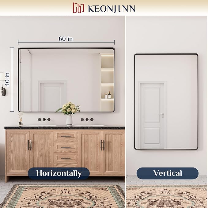 Keonjinn Black Bathroom Mirror for Over Sink, 60 x 40 Inch Large Rounded Rectangle Bathroom Vanity Mirror, Matte Black Farmhouse Wall Mirror, HD Tempered Glass, Seamless Aluminum Alloy Frame Mirror
