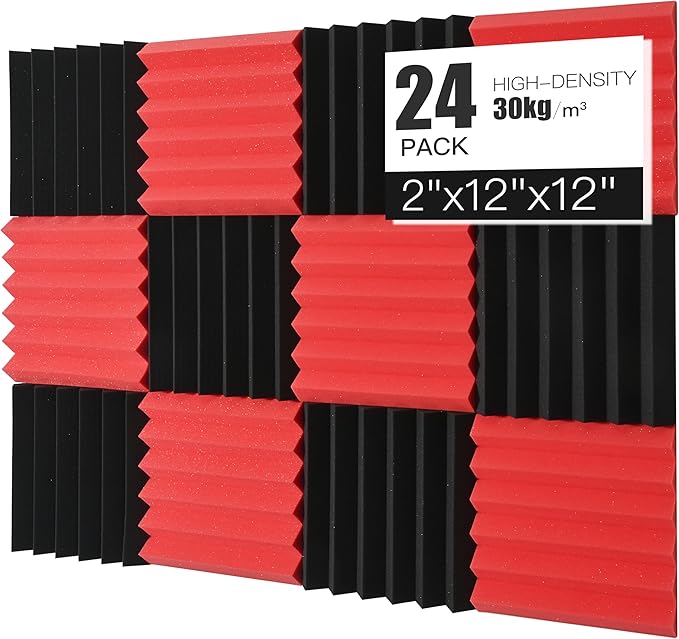 Acoustic Foams Panels 24 Pack 2" x 12"x 12" Sound Proof Foam Panels for Walls High Density and Fire Resistant Soundproofing Panels Soundproof Studio Wedges Sound Dampening Panels Black Red