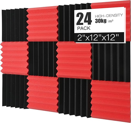 Acoustic Foams Panels 24 Pack 2" x 12"x 12" Sound Proof Foam Panels for Walls High Density and Fire Resistant Soundproofing Panels Soundproof Studio Wedges Sound Dampening Panels Black Red