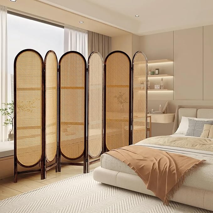 ALeesinwing 6 Panels Room Dividers, Hand-Woven Rattan Room Divider Panel and Folding Privacy Screens, Wood Room Divider Wall Freestanding Room Partitions Screen for Home Office Bedroom, Dark Brown