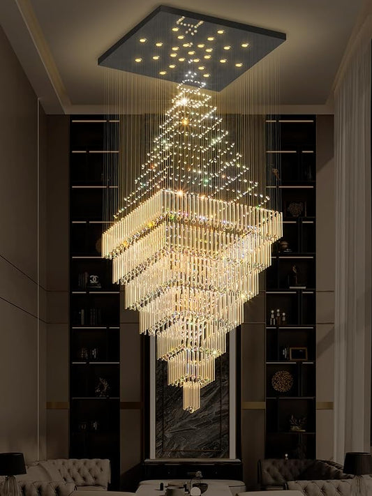 Flashing God D59''X H120'' Extra Large Chandeliers for High Ceilings Black Square Chandeliers Crystal Raindrop Chandelier for Villa Entrance Foyer LED Dimmable 2700K-6000K