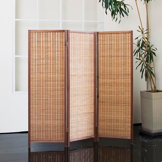 3 Panel Short Room Divider Folding Screen,47 inch Bamboo Panel Divider for Home Partition,Brown