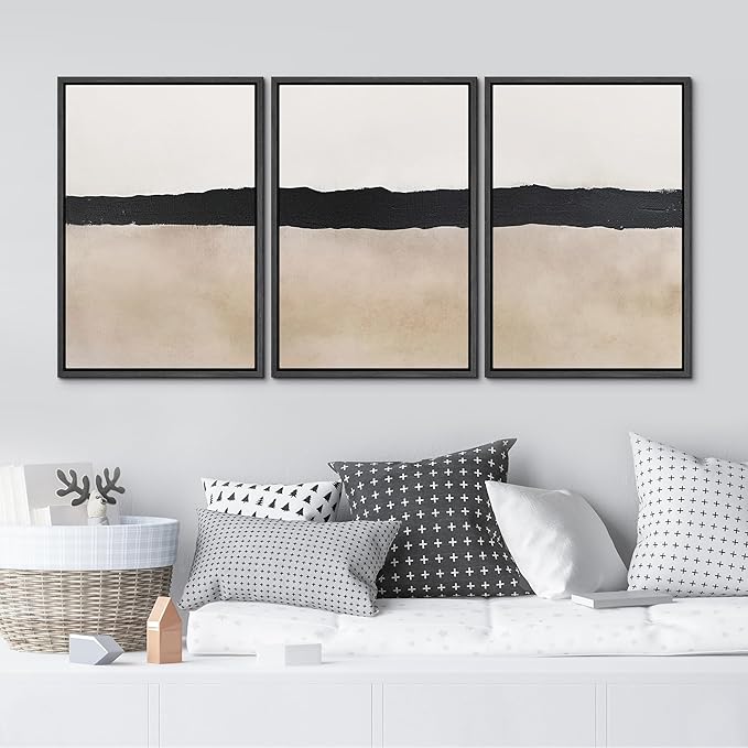 MUDECOR Framed Wall Art Print Set Minimalist Abstract Black Horizontal Brushstroke Illustrations Modern Art Boho Decorative Colorful Chic for Living Room, Bedroom, Office - 16"x24"x3 Black