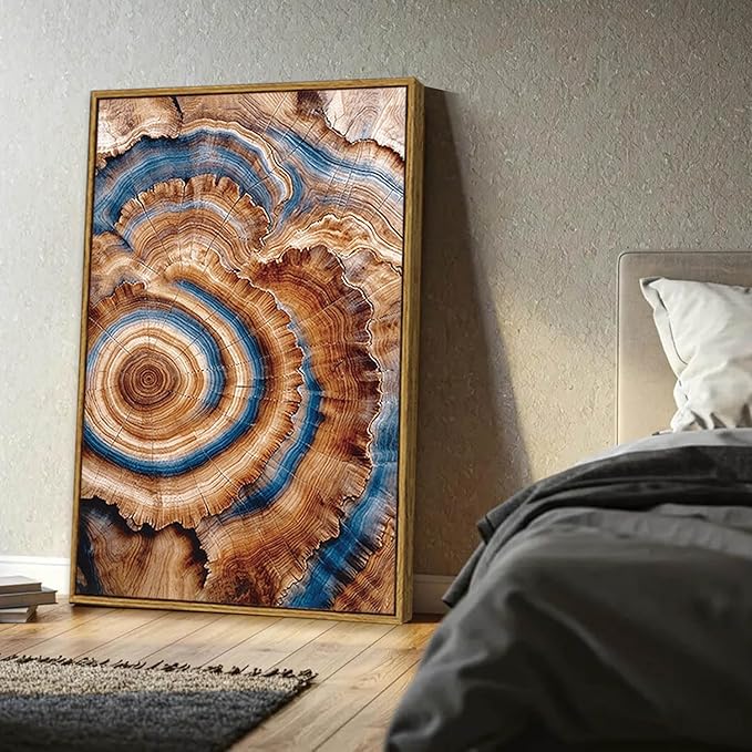BingruiArt Large Framed Tree Ring Wall Art Wood Canvas Colorful Boho Wall Decor Rustic Artwork Abstract Painting Farmhouse Picture Nature Print for Living Room Bedroom Bathroom 24"x36" Natural Framed(10)