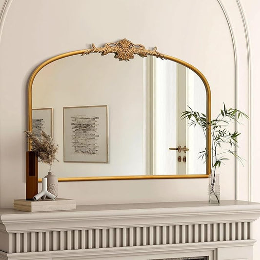Antique Arched Gold Mirror: 32"x24" Large Gleaming Gold Antique Wall Mounted Mirror - Baroque Traditional Ornate for Fireplace/Bathroom/Living Room - Home Decor for Housewife