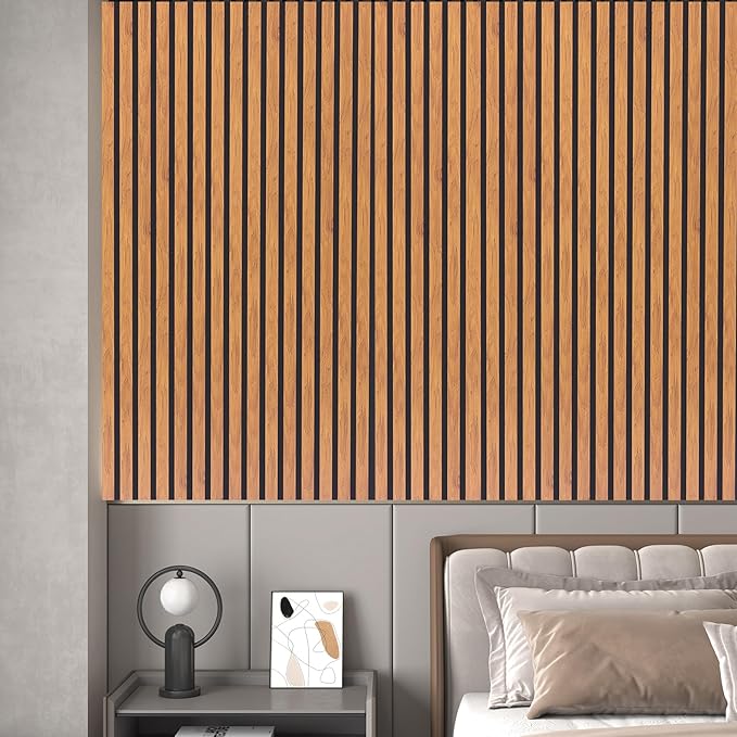 3D Slat Acoustic Wall Panels with Wood Finish Accent, 4 Pack Sound Absorbing Paneling for Studio, Office, Living Room, Bedroom Interior Decor (Natural Walnut, 48''L x 24''W)