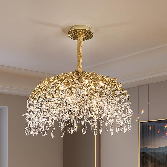 Modern Crystal Chandelier for Dining Room, 31.5" 10-Light Gold Tree Branch Chandeliers, Luxury K9 Crystal Rectangular Chandeliers for Kitchen Island Living Room