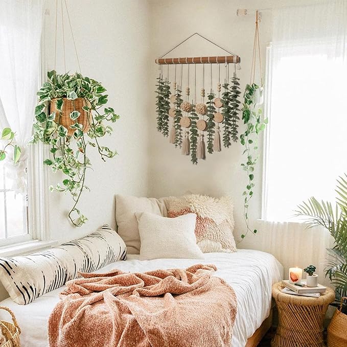 Boho Bathroom Decor Artificial Eucalyptus Hanging Wall Decor Fake Greenery Leaves Plants Wicker Ball on 16.5 inch Stick Rustic Farmhouse Natural Bedroom Kitchen Nursery Office Decorations