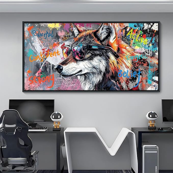 JEAWA Framed Canvas Wall Art - Large Abstract Painting Decor, Inspirational Graffiti Wolf Pictures, Modern Street Art Prints for Bedroom Living Room Bathroom Home Decoration, 29x58 IN