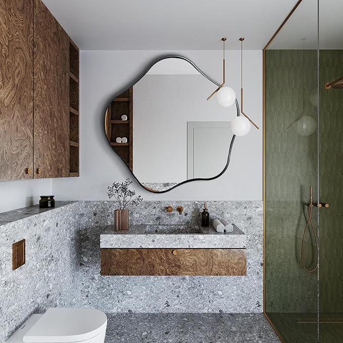 Large Scalloped Mirror, 35" Irregular Shaped Mirror, Asymmetrical Wall Mirrors Decorative, Modern Wavy Round Mirrors for Living Room Bathroom Bedroom Hallway Entryway Fireplace