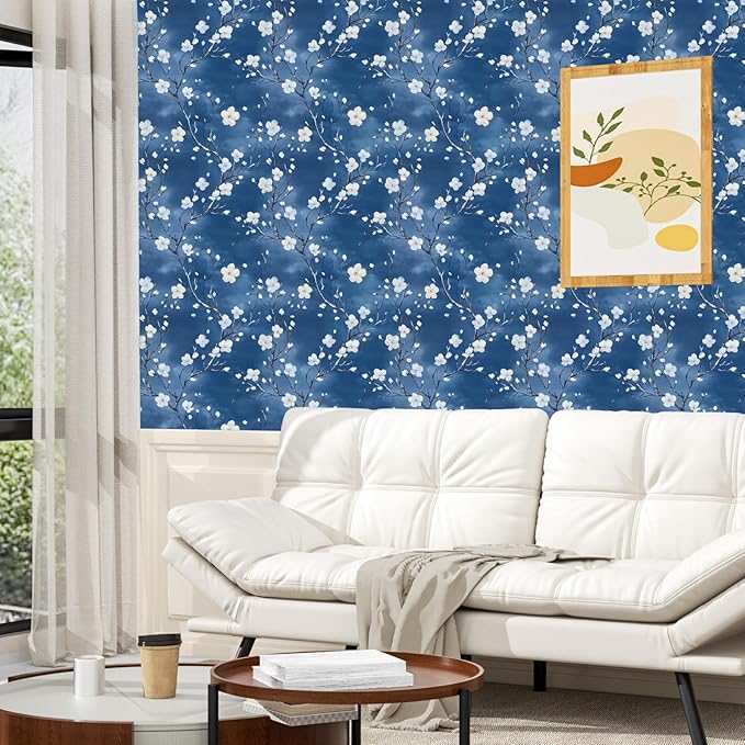 Blue Floral Peel and Stick Wallpaper Boho Leaf Contact Paper Blue Flower Removable Self Adhesive Waterproof Wall Paper for Cabinet Drawers Wall Decor Renter Friendly 17.5''x118''