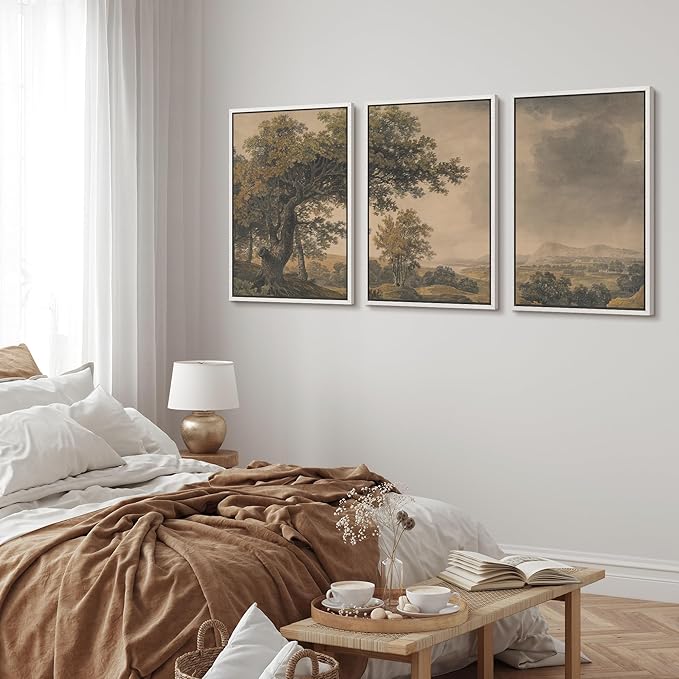 MUDECOR Framed Wall Art Print Set Vintage Landscape Rustic Tree and Mountain View Illustrations Decorative Colorful for Living Room, Bedroom, Office - 16"x24"x3 White